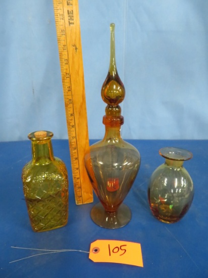 3 AMBER GLASS DECANTERS