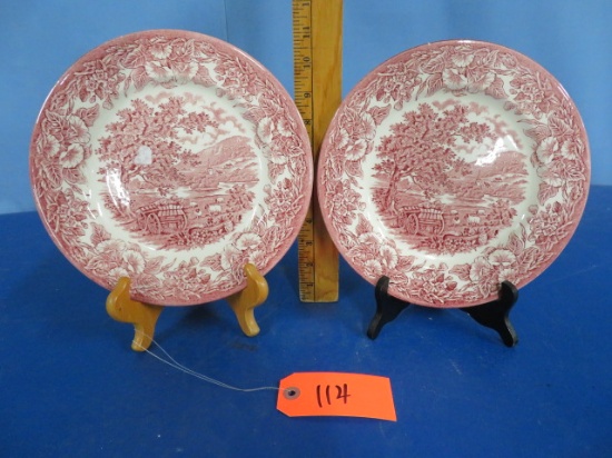 2 ENGLISH IRON STONE PINK TRANSFERWARE PLATES - STAND NOT INCLUDED