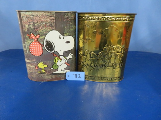 2 METAL TRASH CANS - ONE IS SNOOPY