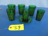 7 PCS. GREEN PRESSED GLASS
