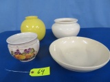 3 PLANTERS AND OVEN PROOF BOWL- YELLOW PLANTER HAS A SMALL CHIP