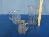 2 ETCHED PITCHERS AND SYRUP CONTAINER