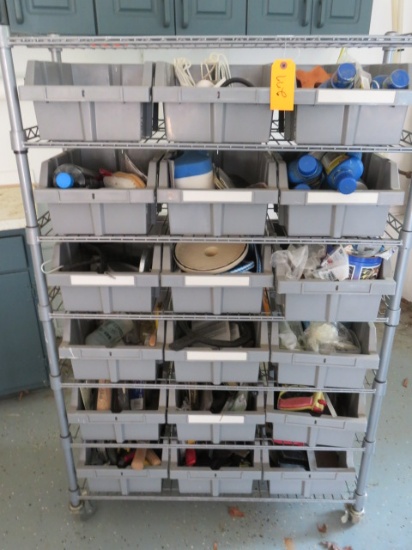 ROLL AROUND STAINLESS RACK W/ CARTONS OF ITEMS ON BOARD