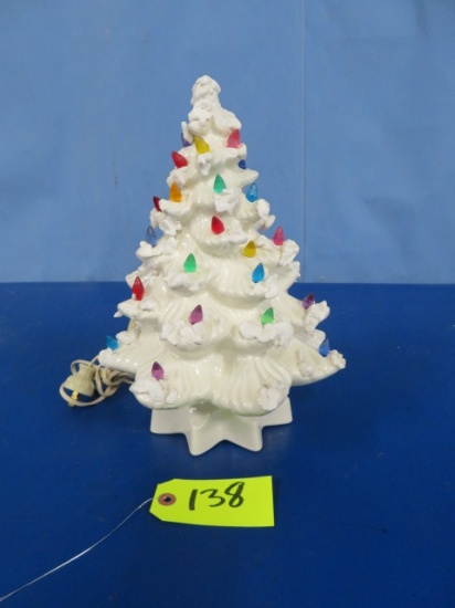 WHITE LIGHTED CERAMIC CHRISTMAS TREE  13" T