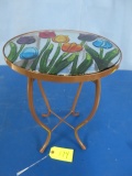 METAL BASE TABLE W/ STAINED GLASS TULIPS TOP  16 X 12