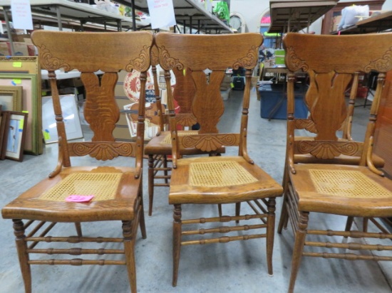 6 OAK T-BACK DINING CHAIRS W/ CANE BOTTOM - GOOD CONDITION EXCEPT ONE CHAIR NEEDS REPAIR