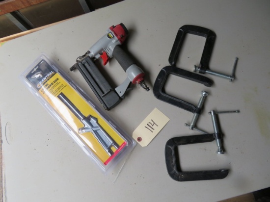 CENTRAL PNEUMATIC AIR NAILER, METAL "C" CLAMPS, ENGINE CLEANER