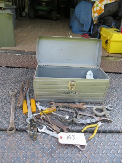 BROKEN TOOL BOX W/ HAND TOOLS, WRENCHES, PLIERS AND MORE
