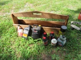 OLD WOODEN TOOL CARRIER AND MISC. ITEMS