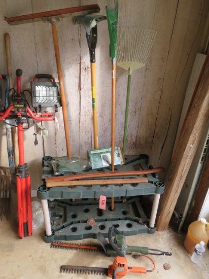 YARD TOOL HOLDER W/ FEW YARD TOOLS & 2 HEDGE TRIMMERS