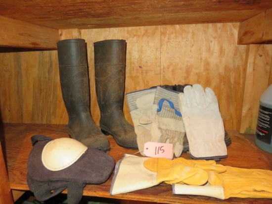 SIZE 10 WATER BOOTS, KNEE PADS & GLOVES ON SHELF