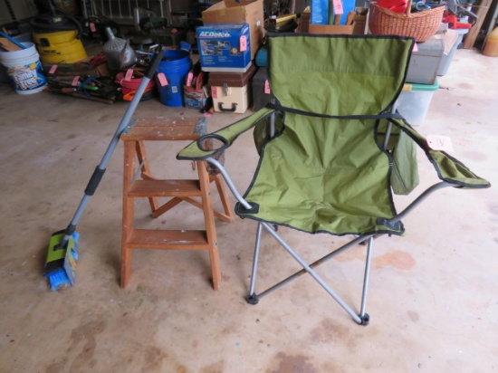 TWO STEP LADDER, CAMP CHAIR AND NEW WASH BRUSH