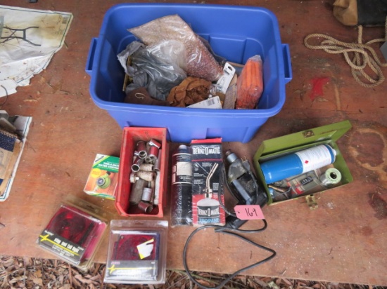 TRAILER LIGHTS, TORCHES W CANISTERS, DRILL, SOCKETS