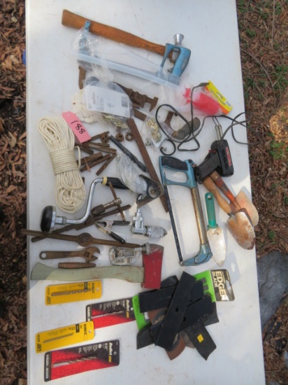 HAND TOOLS LOT- HATCHET, HAND DRILL, BLADES AND MORE!