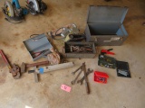 METAL TOOL BOX, BELT SANDER, MISC HAND TOOLS