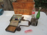 VINTAGE TRAVELER 120 CAMERA, HAND DRILL, OLD BOTTLES AND CRATE!