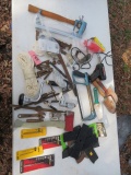 HAND TOOLS LOT- HATCHET, HAND DRILL, BLADES AND MORE!
