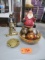 GLASS BOWL W GLASS BALLS, TWO BRASS PC, SANTA AND MORE