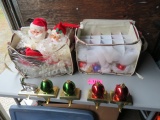 CHRISTMAS DECOR, SOME GLASS ORNAMENTS, BRASS STOCKING HOLDERS