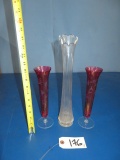 3 VASES- 2 ARE CRANBERRY GLASS