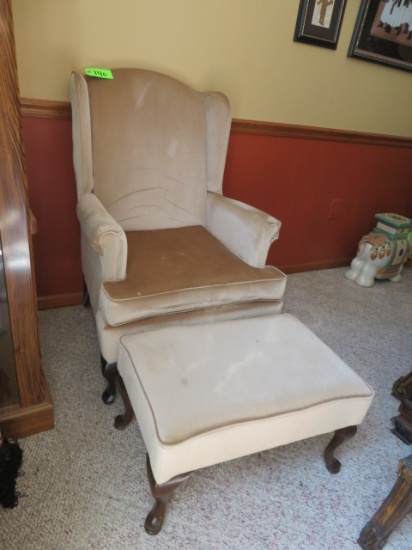 BEIGE WING BACK CHAIR W/ OTTOMAN