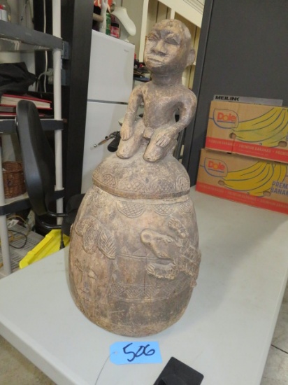 CARVED AFRICAN ART CANISTER FROM THE IVORY COAST OF BAULE TRIBE 23" TALL
