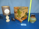 PLANTER, SIGNED POTTERY PC AND SM TABLE LIGHT W/ SHADE