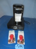 KEURIG COFFEE MAKER W/ CUP ORGANIZER AND TWO NEW REFILLABLE SINGLE SERVE FILTERS