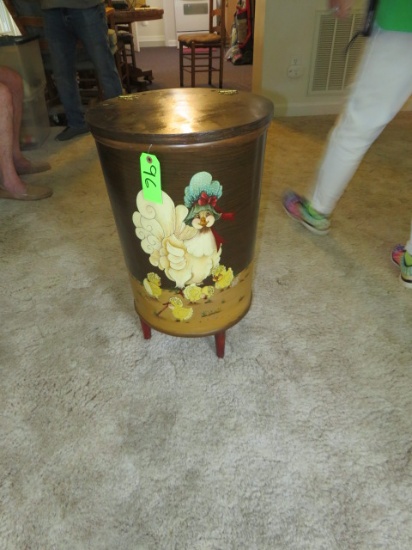 HAND PAINTED TRASH CAN W/ CHICKEN