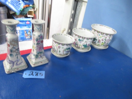 5 PCS. ORIENTAL PLANTERS AND CANDLE HOLDERS