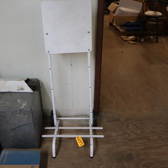WHITE METAL DISPLAY ON WHEELS