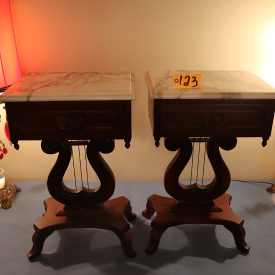 PAIR OF MARBLE TOP TABLES W/ HARP BASE BY MID STATE FURNITURE