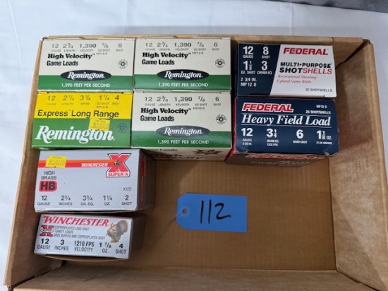 12 GA. AMMO  8 BOXES- VARIETY OF SHOT 7 FULL BOXES, 1 PARTIAL BOX