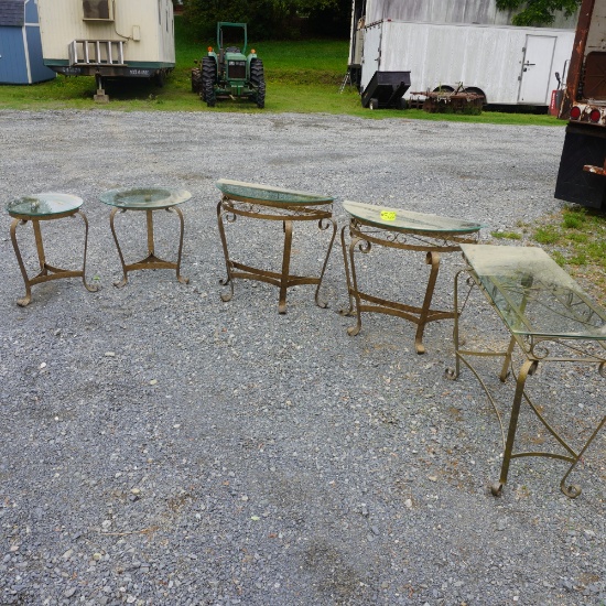 5 METAL TABLES W/ GLASS TOPS IN VARIOUS SIZES