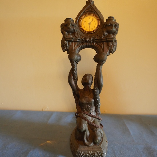 ART NOUVEAU BRONZE CLOCK- OF LADY HOLDING CLOCK