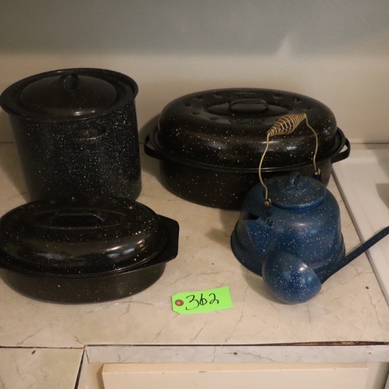 SPECKLED ENAMEL POTS W/ LADELS