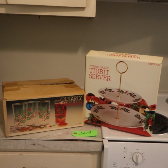 CLEARLY GLASSWARE 12 PC. SET AND HOLIDAY TIDBIT SERVER