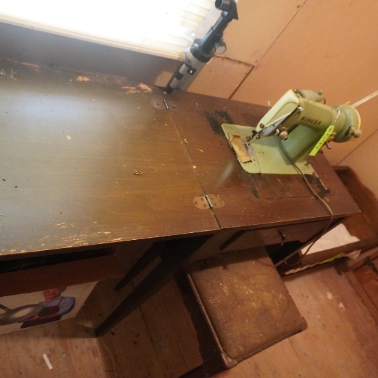 SINGER SEWING MACHINE W/ CABINET AND STOOL