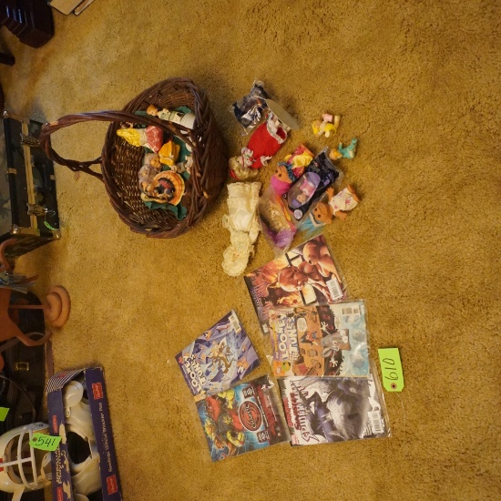 COMIC BOOKS, DOLLS IN BASKET