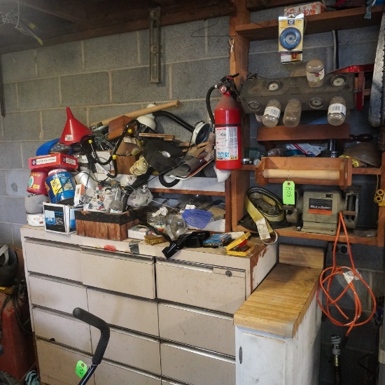 BENCH GRINDER AND CONTENTS ON SHELF