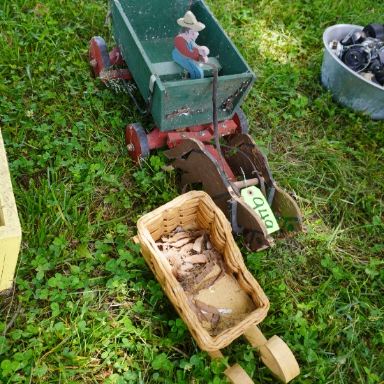 SMALL WOODEN HORSE & WAGON  26"L