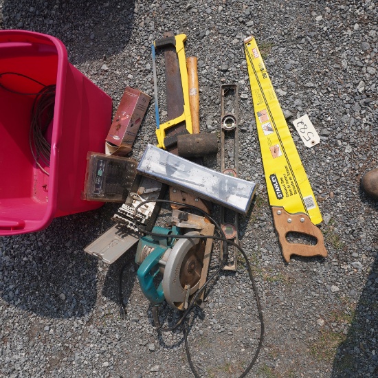 MISC. TOOLS , SKILL SAW, CROSS CUT SAW, LEVEL AND BITS