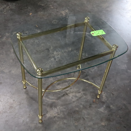 GLASS TOP BRASS TABLE  27 X 20 X 22