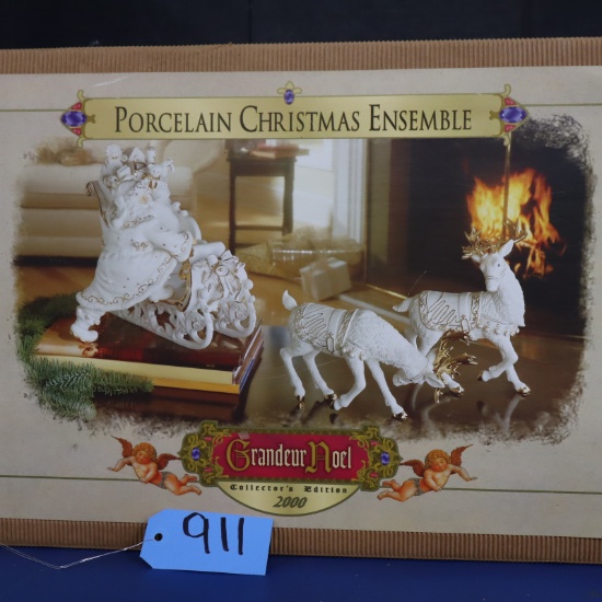 PORCELAIN CHRISTMAS SLEIGH W/ DEER AND SANTA
