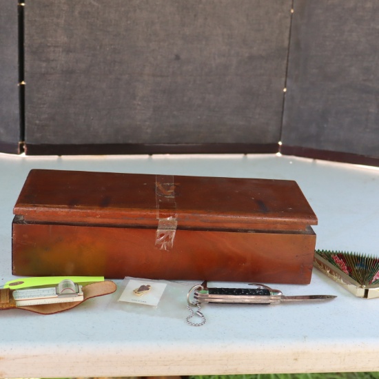 WOODEN BOX W/ KNIFE, AND MISC.
