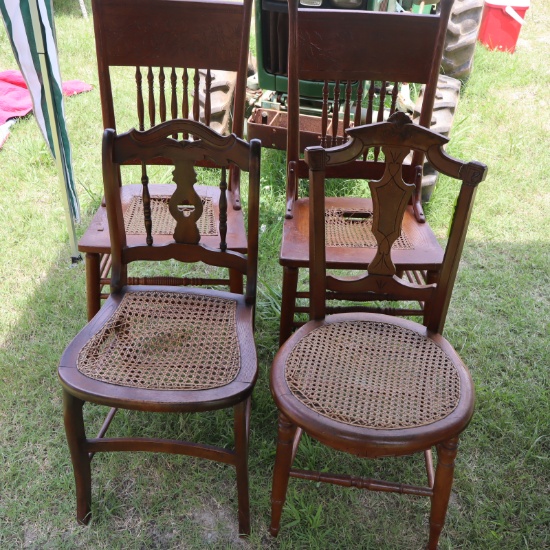 4 ANTIQUE CHAIRS W/ TORN CANE SEATS