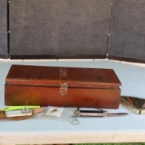 WOODEN BOX W/ KNIFE, AND MISC.