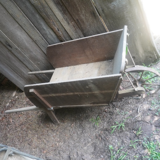 WOODEN WHEEL BARREL W/ STEEL WHEELS