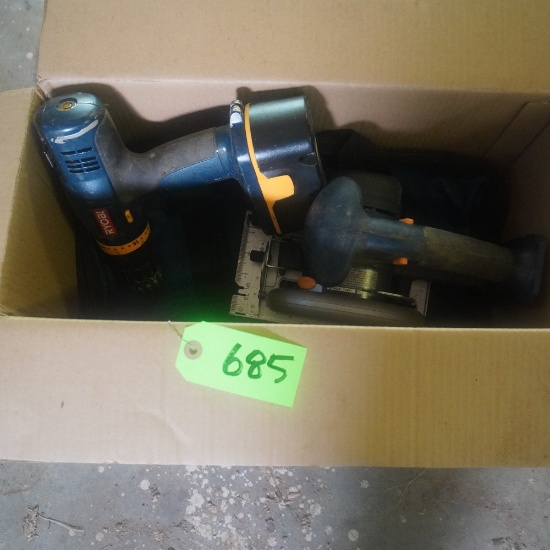 RYOBI DRILL, SKIL SAW, ONE BATTERY NO CHARGER