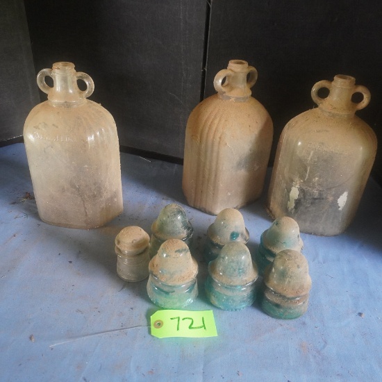 OLD GALLON JUGS AND GLASS INSULATORS